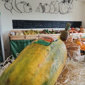 Carregamento de frescos com melancia gigante, abacaxi, banana, e outras frutas frescas.