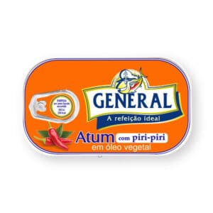 Atum em óleo vegetal com piri-piri, ideal para refeições saborosas e rápidas.