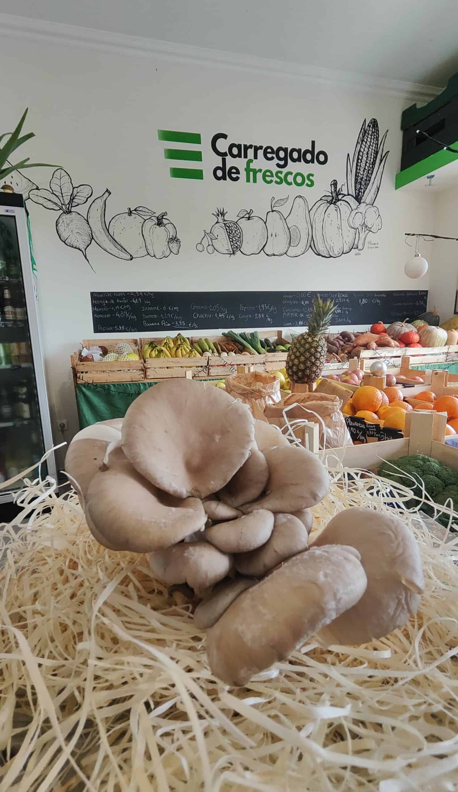 Cogumelos frescos, frutos tropicais e hortaliças no mercado Local.