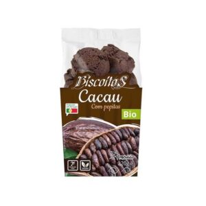 Biscoitos de cacau bio com pepitas, ideal para lanches saudáveis e saborosos.
