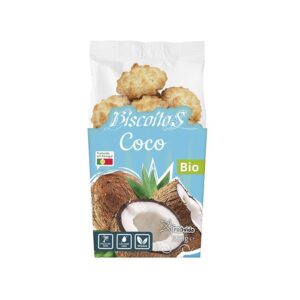 Biscoito de coco bio crocante, feito com ingredientes naturais, ideal para lanches saudáveis e sabor.