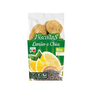 Biscoitos de limão e chia bio em embalagem prática, ideal para snacks saudáveis e nutritivos.