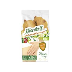 Biscoito de linhaça e curcuma bio, snack saudável e nutritivo, ideal para uma alimentação equilibrad.