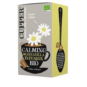 Infusão Camila Bio Cupper com camomila e manzanilha, ideal para relaxar e acalmar.