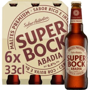 Cerveja Super Bock Abadia em embalagem de 6 garrafas de 33cl, sabor autêntico e premium.