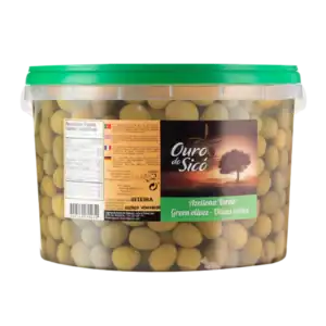 Azeitonas verdes de alta qualidade, embaladas em recipiente de 5kg, perfeitas para cozinhar ou servi.