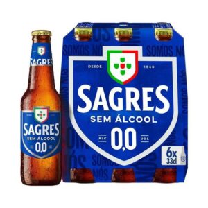 Bebida sem álcool Sagres 0,0% em pack de 6 garrafas de 33cl, ideal para quem busca sabor e refrescân.