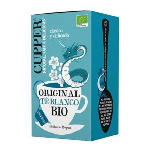 Embalagem de chá branco Cupper com dragão azul e detalhes verdes.