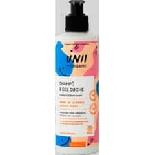 Frasco de champô e gel de duche Família Suave BIO com embalagem colorida.