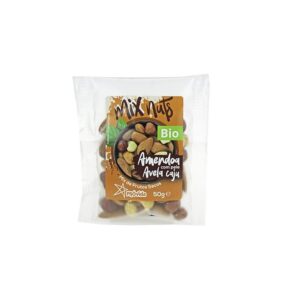 Amêndoas, avelãs e caju bio em mistura de 50g, ideal para snacks saudáveis e nutritivos.